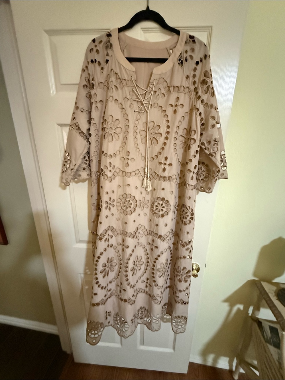 Beige Eyelet Lace-Up Midi Dress